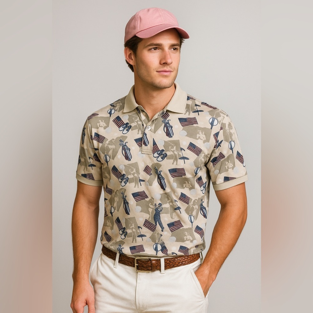 C&B Sport CROFT & BARROW Polo Shirt Mens S Golf Ball USA Flag Print